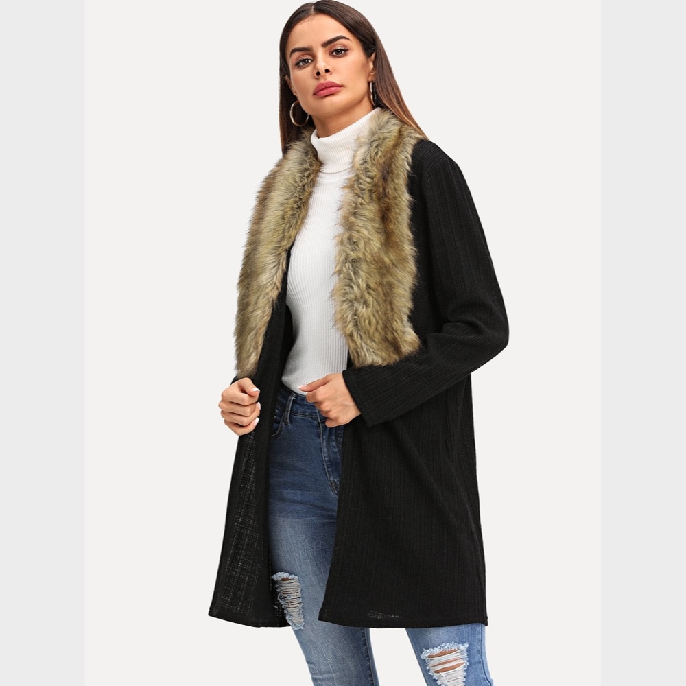 Faux Fur Collar Open Black Cardigan - Picture 4 of 8